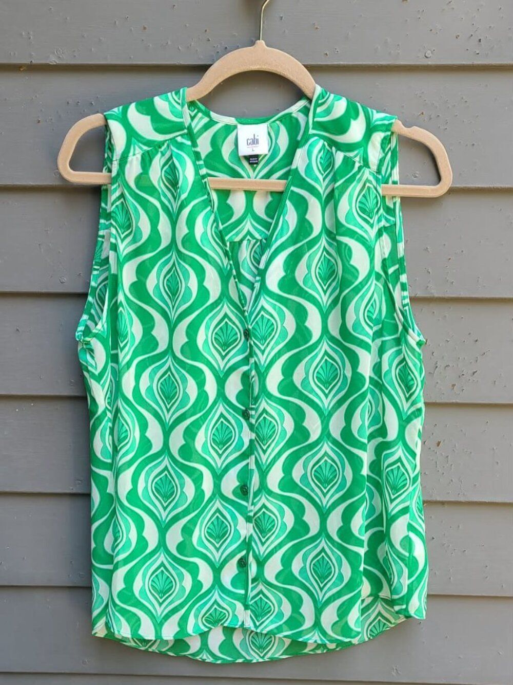 Cabi Green White Sleeveless Semi Sheer Top size Large
